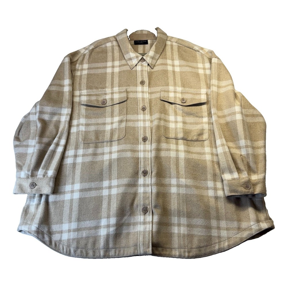 Lane Bryant Shacket Women's 26/28 Plus Beige Tan Plaid Flannel Button Front